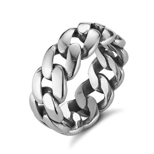 HZMAN Mens Stainless Steel 7mm Wide Band Cuban Link Chain Ring, Silver Gold Black - color: Silver