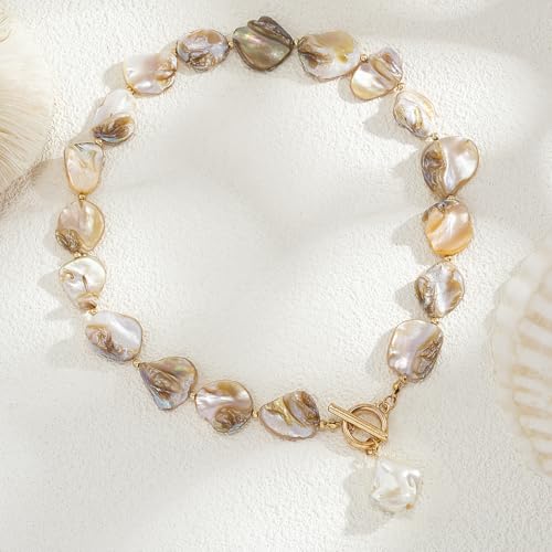 Boho Chunky Shell Necklace for Women Baroque Pearl Pendant Necklaces Irregular Shell Beaded Choker Necklace Trendy Vacation Jewelry Accessories - color: White