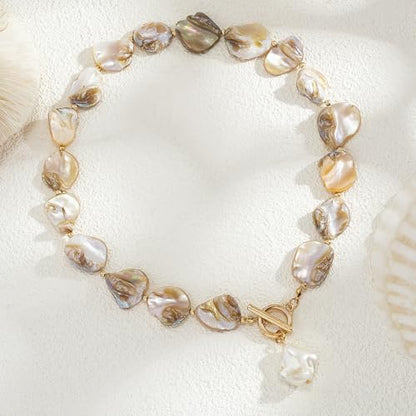 Boho Chunky Shell Necklace for Women Baroque Pearl Pendant Necklaces Irregular Shell Beaded Choker Necklace Trendy Vacation Jewelry Accessories - color: White