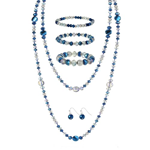 Trendy Infinity Wrap 60’’ Long Statement Necklace, Earrings and Bracelet Set - Hand Knotted Versatile Crystal and Shell Beads Strand Necklace and Chunky Beaded Stretch Bracelet Stack – Jewelry Set Gift for Women - color: Blue