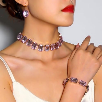KOSMOS-LI Rectangle Faux Crystal Jewelry Sets Includ Necklace Bracelet Earrings For Women Stocking Stuffers - color: pink