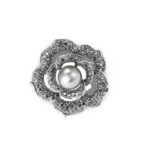 Brooch Pin, Vintage Floral Design In Antique Silver Tone Zinc Alloy With Grey Crystals And Faux Pearl Center - color: MM-BR-0001-GM