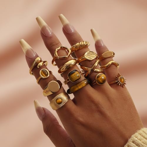 Chunky Gold Rings for Women Non Tarnish, Baroque Pearl Flower Tiger's Eye Stone Rings Adjustable Stacking Statement Rings Set Fashion Jewelry Gifts - style: Tiger eye stone