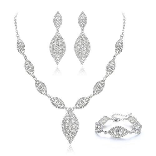 Flyonce Wedding Jewelry Set Rhinestone Crystal Bridal Leaf Necklace Drop Dangle Chandelier Earrings Sets for Women - color: Clear Silver-Tone