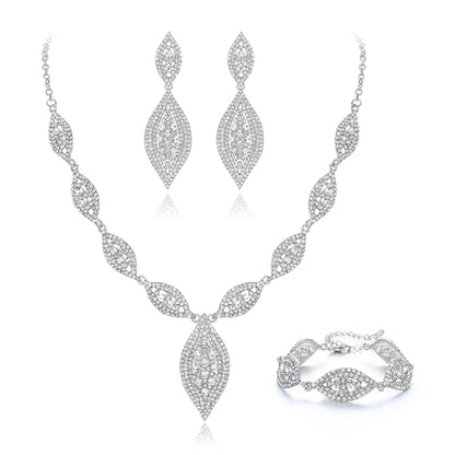 Flyonce Wedding Jewelry Set Rhinestone Crystal Bridal Leaf Necklace Drop Dangle Chandelier Earrings Sets for Women - color: Clear Silver-Tone