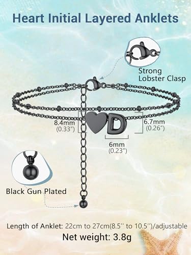 Initial Ankle Bracelets for Women, Dainty Stainless Steel Letter A-Z Layered Anklets, Heart Ankle Bracelet 8.5"-10.5" Adjustable, Summer Beach Jewelry, Come with Box - color: Black, size: D