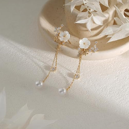 14K Gold Plated CZ Flower Dangle Earrings for Women, Sparkly Cubic Zirconia Long Tassel Drop Earrings, Bridal Wedding Jewelry - color: A:Flower Pearl Earrings