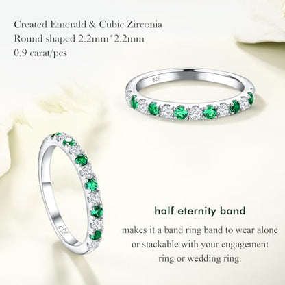 Birthstone Rings Eternity Band 925 Sterling Silver/Yellow Gold-Plated Created Gemstone Stackable Wedding Band 2.7mm Thin Half Eternity Rings for Women Size 6 to 10 - color: 05-Emerald-May