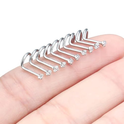 Nose Studs Surgical Steel Nose Rings Studs with Cubic Zirconia 10Pcs Tiny Nostril Rings for Women Screw Bone and L-Shaped Nostril Piercing Jewelry 24G 22G 20G 18G - color: silvertone,screw nose studs, size: 20g,1.5mm Clear CZ