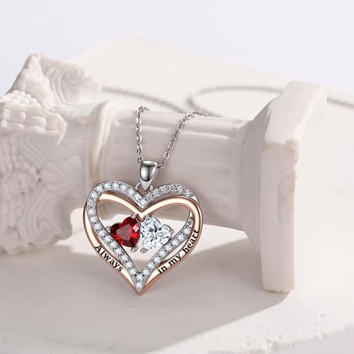 Heart Birthstone Necklace for Women 14K Rose Gold/White Gold Filled Overlapping Double Hearts Pendant Anniversary Valentine's Day Birthday Mother's Day Christmas Gifts for Wife Mom Daughter Her - color: 03-06-Mar-Jun Birthstone-A, style: Double-Layered Lo