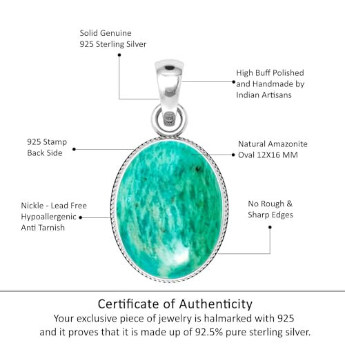 Chunky Natural Gemstone Pendant Necklace For Women Onyx, Turquoise, Amber, Garnet Oval Boho Genuine 925 Sterling Silver Handmade Jewelry - color: Amazonite