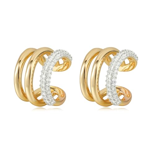 Gold Ear Cuff Earring for Women 14K Gold Plated Cubic Zirconia Non-Pierced Clip on Cartilage Chunky Ear Cuffs Hypoallergenic Jewelry - style: cz triple / pair