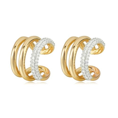 Gold Ear Cuff Earring for Women 14K Gold Plated Cubic Zirconia Non-Pierced Clip on Cartilage Chunky Ear Cuffs Hypoallergenic Jewelry - style: cz triple / pair