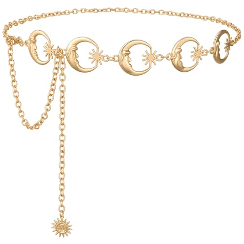 SUOSDEY Pirate Waist Chain Belts for Women Multilayer Metal Belly Chain Belt Fashion Accessories for Dress - color: B-gold Moon, size: M: Fit for Waist up to 38 inches