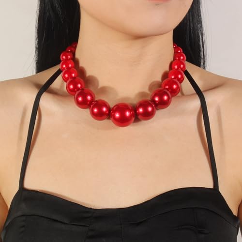 Large Style Big Imitate Pearl Strand Choker Necklace With Earrings Set - color: Red