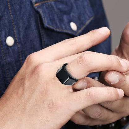 Mens Stainless Steel Plain Signet Rings 4/7/10/14MM Rectangular Pinky Rings | High Polish Classic Blank Thumb Rings, Everyday Comfit Wear, Gift for Men - color: Black14