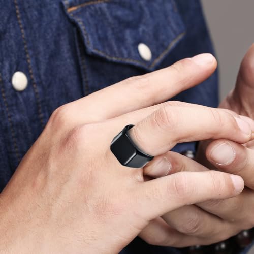 Mens Stainless Steel Plain Signet Rings 4/7/10/14MM Rectangular Pinky Rings | High Polish Classic Blank Thumb Rings, Everyday Comfit Wear, Gift for Men - color: Black14