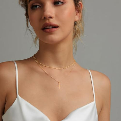 Airmb Cross Necklace for Women Gold/Silver Plated Layered Dainty Cross Chain Trendy Choker Satellite Charm Small Crucifix Pendant Gold/Silver Necklace Stackable Hypoallergenic Delicate Gift for Women - color: Gold-2PS Singapore Chain