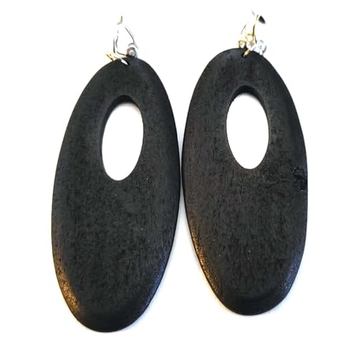 Clip-on Earrings Wood Earring Oval Hoop Brown or Black Earrings Silver Tone Clip - color: Black