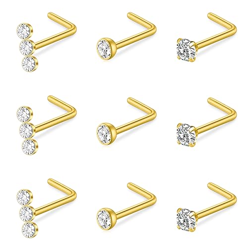 Mayhoop 20G Nose Rings Studs 316L Surgical Stainless Steel L Shape Bone Diamond Heart Corkscrew Nose Ring Nostril Piercing Jewelry For Women Men - color: L-Gold-A