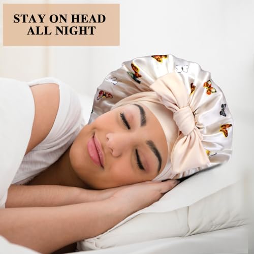 2+3 Large Satin Bonnets with Scrunchies for Women, Hair Bonnet Sleeping Tie Bonnet for Braids Curly Hair - color: H -White Butterfly, Pink Butterfly