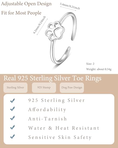 SUYACS 925 Sterling Silver Dog Cat Paw Print Toe Rings for Women | Puppy Pet Animal Claw Adjustable Open Pinky Ring Hypoallergenic Summer Holiday Beach Foot Jewelry Gifts for Mother Daughter - color: Style 1-Hollow Dog Paw