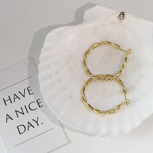 OGD Teardrop Hoop Earrings for Women 14K Gold Plated Large Chunky Oval Pull Through Hoop Earrings Statement Jewelry Gift for Women Hypoallergenic - color: Twisted Hoop-Gold38mm