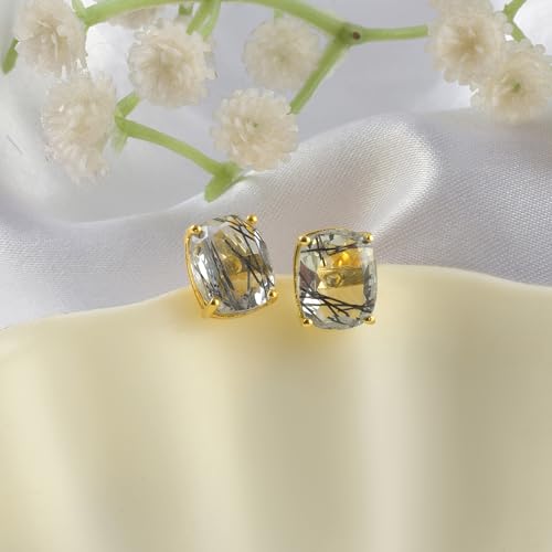 Women's 18K Gold Plated 8x10mm Princess Cut Gemstone Stud Earrings – Birthstone Jewelry for Her – Classic Cushion Studs - color: Black Rutile