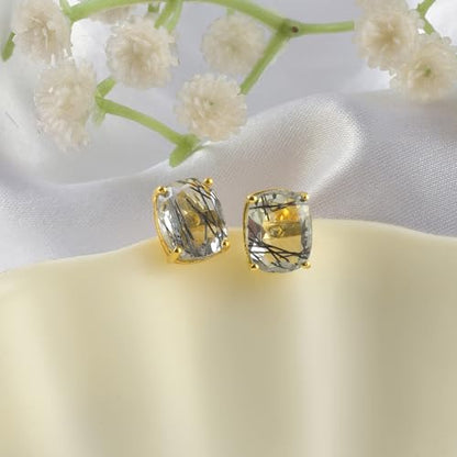 Women's 18K Gold Plated 8x10mm Princess Cut Gemstone Stud Earrings – Birthstone Jewelry for Her – Classic Cushion Studs - color: Black Rutile