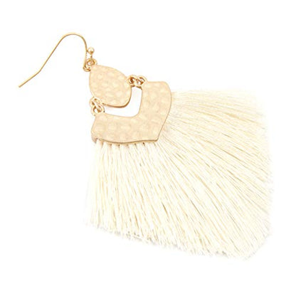 Bohemian Thread Tassel Drop Earrings - Geometric Petal Fan Fringe Feather Statement Chandelier Duster Dangles - color: Boho Tassel Chandelier - Ivory