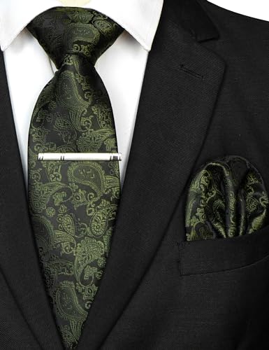 JEMYGINS Mens Solid Color Paisley Necktie and Pocket Square with Tie Clip Sets - color: Olive Green