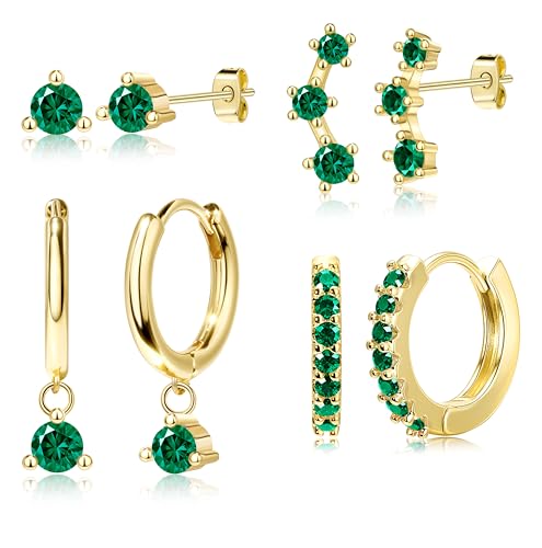 4 Pairs Stud Hoop Earrings Set for Women, Trendy Dangle Jacket Huggie Stacks for Multiple Piercing, Hypoallergenic Cartilage Jewelry Gifts - color: Gold- Green Cz Drop