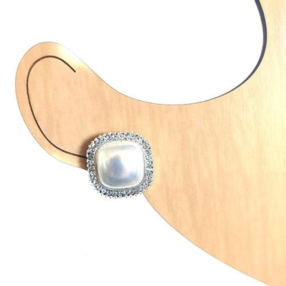 Clip-on Earrings Crystal Faux Pearl Square 1 inch Earrings Gold or Silver Earrings - color: Silver