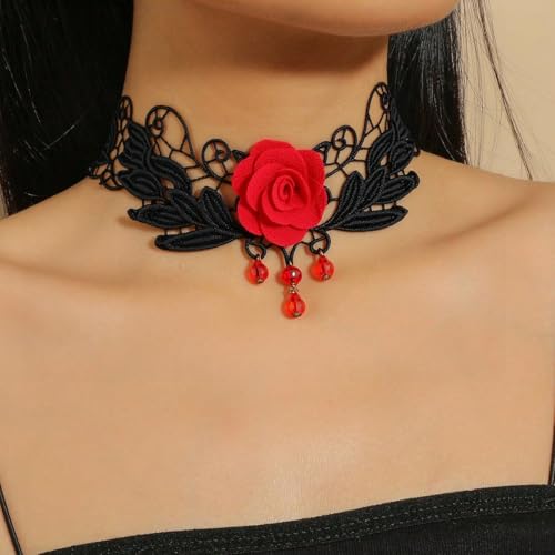 Goth Black Choker Necklace Crystal Bead Pendant Necklace for Women Gothic Velvet Lace Choker Halloween Vampire Witch Cosplay - color: C-Black and Red