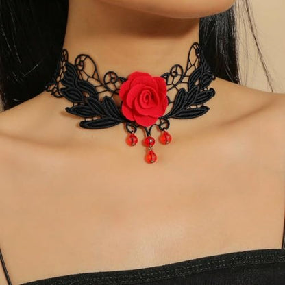 Goth Black Choker Necklace Crystal Bead Pendant Necklace for Women Gothic Velvet Lace Choker Halloween Vampire Witch Cosplay - color: C-Black and Red