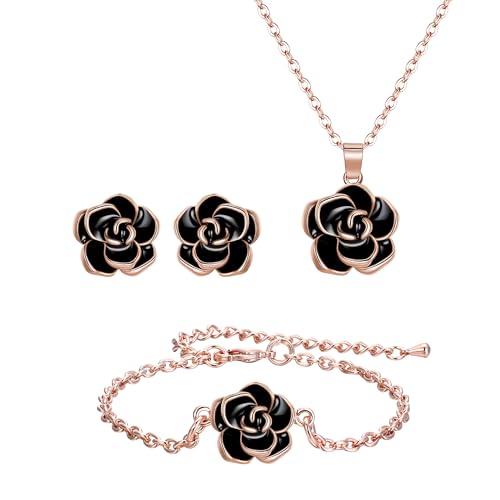 EleQueen Rose Flower Necklace Earrings Bracelet Set for Women - color: 02_Black Necklace+Earrings+Bracelet