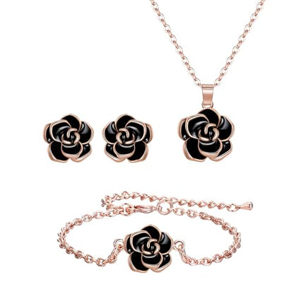 EleQueen Rose Flower Necklace Earrings Bracelet Set for Women - color: 02_Black Necklace+Earrings+Bracelet