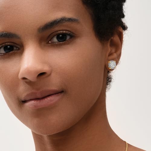 MEVECCO Pave Cubic Zirconia Stud Earrings for Women, 18K Gold Plated Brass | Pave CZ Fronts, Curved Gold Plated Edge Accents, Soft Motifs and Clean Geometric Styles - style: square