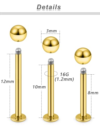 20G 18G 16G 14G 12G Lip Labret Medusa Monroe Rings Studs 316L Surgical Steel Flat Back Tragus Helix Cartilage Earring Stud Piercing Jewelry Bar Length 8mm 10mm 12mm Mix Color 18PCS - color: Gold, size: 16G(1.2mm)-8/10/12mm Bars-3mm Balls