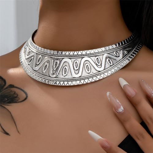Chunky Gold Necklace Big Statement Chunky Necklace for Women African Tribe Wide Metal Choker Necklaces Jewelry - color: 09 Silver