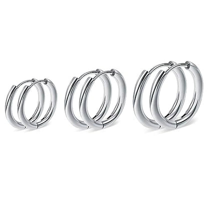 Silver Gold Hoop Earrings for Women Men, 316L Surgical Stainless Steel Huggie Hoop Earrings Set Hypoallergenic Small Cartilage Earrings Lightweight Hoop Earrings Huggie Set - color: Silver--8/10/12mm