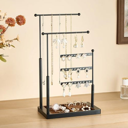 pickpiff Jewelry Organizer Holder Stand: 3 Tier Jewelry Storage Display for Necklace, Bracelet, Earring, Ring, Black & Brown - color: black & brown