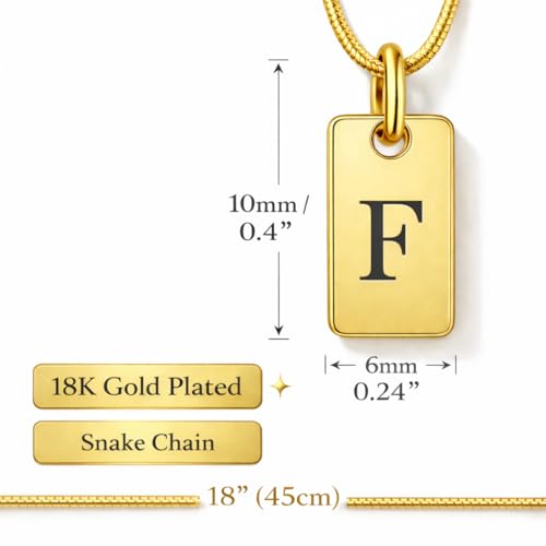 Initial Necklace in 18K Gold Plated, Personalized Engraved Letter Pendant, Gold Snake Chain, 6×10 mm Rectangle Charm for Women - color: F