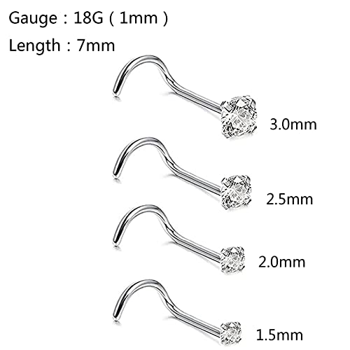 4pcs Grade 23 Titanium Nose Studs 20G/18G Flat/CZ Tiny Nose Rings Hypoallergenic G23 Nostril Piercing Jewelry for Women Men 1.5mm 2mm 2.5mm 3mm Flat Nose Bone Straight/Screws/L Shaped - color: 4pcs Screws CZ(1.5mm 2mm 2.5mm 3mm)