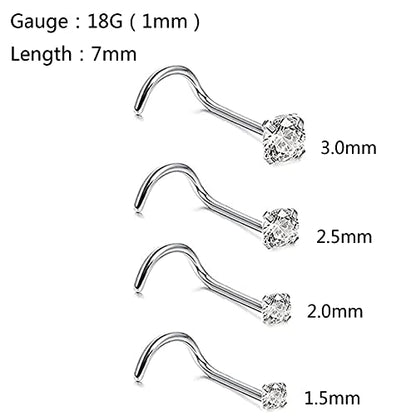 4pcs Grade 23 Titanium Nose Studs 20G/18G Flat/CZ Tiny Nose Rings Hypoallergenic G23 Nostril Piercing Jewelry for Women Men 1.5mm 2mm 2.5mm 3mm Flat Nose Bone Straight/Screws/L Shaped - color: 4pcs Screws CZ(1.5mm 2mm 2.5mm 3mm)