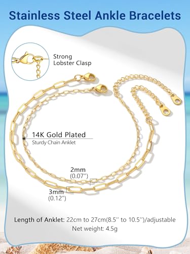 PROSTEEL Ankle Bracelets for Women, Silver/Gold/Black, Waterproof Anklets | Waterproof, Stainless Steel, Summer Beach Jewelry, Durable & No Tarnish, Come with Gift Box, 8-10.5" Adjustable, Plus Size - color: K: gold-paperclip chain(2pcs)