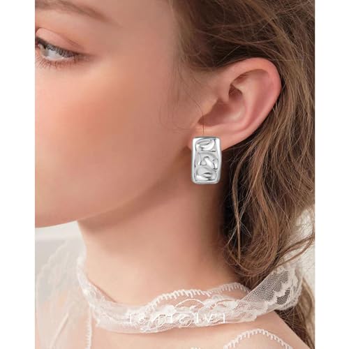 REELMAR Chunky Geometric Clip On Earrings for Women Trendy Gold-Plated Thick Hammered Rectangle Dupes Earrings Minimalist Statement Earrings No Piercing Clips - color: Square-Silver