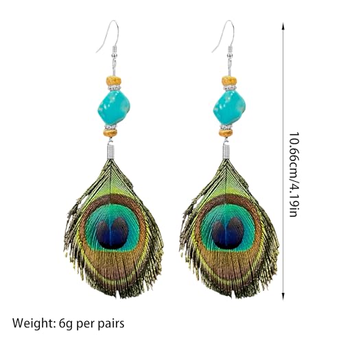 Boho Peacock Feather Turquoise Earrings for Women, Handmade Ethnic Tribal Dangle Drop Earrings with Natural Turquoise Bead, Bohemian Hippie Festival Jewelry Gift