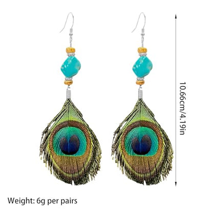 Boho Peacock Feather Turquoise Earrings for Women, Handmade Ethnic Tribal Dangle Drop Earrings with Natural Turquoise Bead, Bohemian Hippie Festival Jewelry Gift