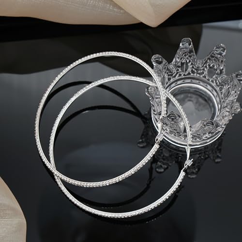 80mm Rhinestone Hoop Earrings for Women Sparkly Earrings Cubic Zirconia Circle Earring Exaggerated Prom Earring Large Rhinestones Round Hoop Earrings Silver Prom Jewelry for Party Wedding Birthday - color: Silver
